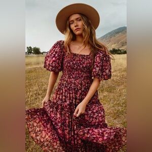 Ivy City Co Stephanie Floral Midi Dress XL Cottagecore Puff Sleeve Smocked EUC